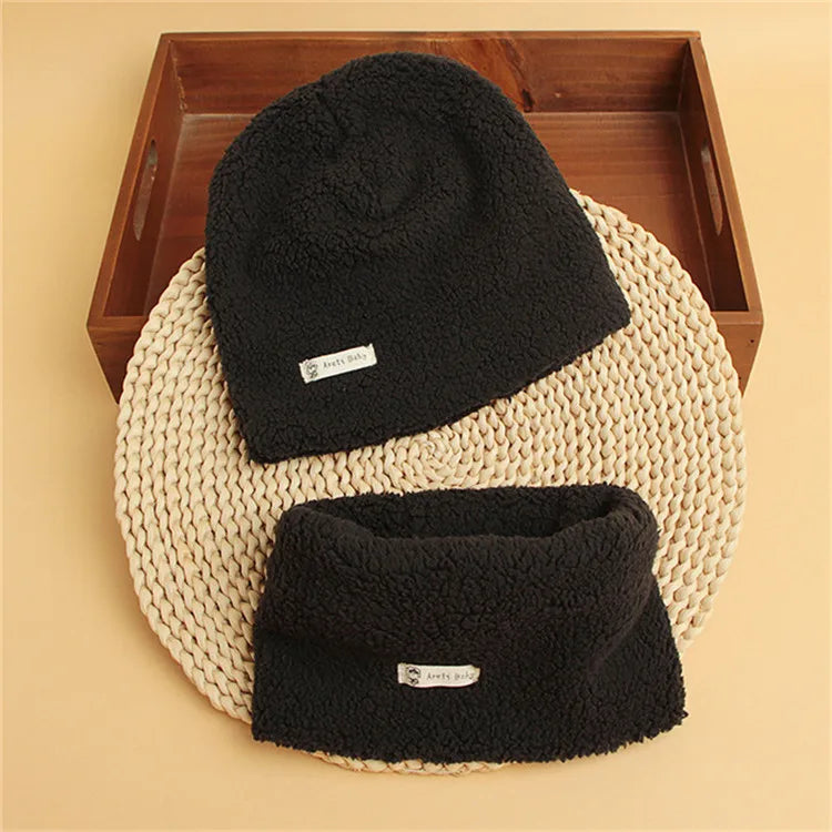 Autumn Winter Cotton Knit Children's Hat Collar 2 Set Boys and Girls Hats Set Baby Solid Color Scarf Cap two-piece