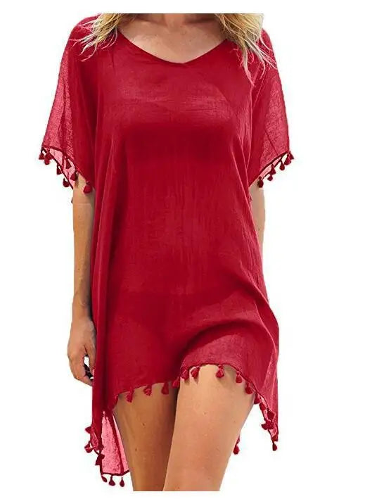 2023 Chiffon Tassels Beach Wear Women Swimsuit Cover Up Swimwear Bathing Suits Summer Mini Dress Loose Solid Pareo Cover Ups