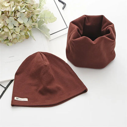 Autumn Winter Cotton Knit Children's Hat Collar 2 Set Boys and Girls Hats Set Baby Solid Color Scarf Cap two-piece