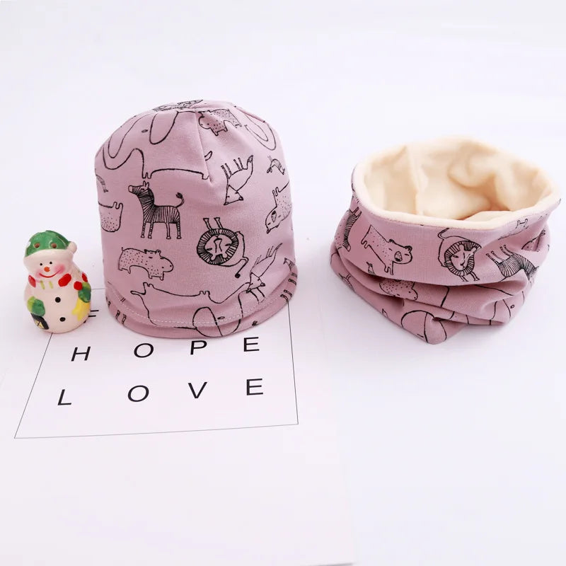 Autumn Winter Cotton Knit Children's Hat Collar 2 Set Boys and Girls Hats Set Baby Solid Color Scarf Cap two-piece