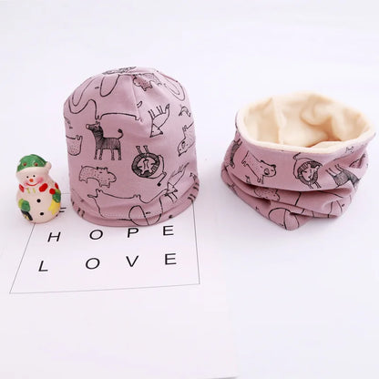 Autumn Winter Cotton Knit Children's Hat Collar 2 Set Boys and Girls Hats Set Baby Solid Color Scarf Cap two-piece