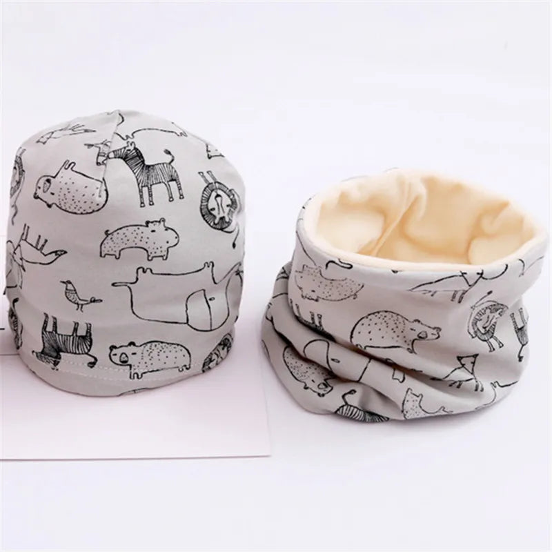 Autumn Winter Cotton Knit Children's Hat Collar 2 Set Boys and Girls Hats Set Baby Solid Color Scarf Cap two-piece