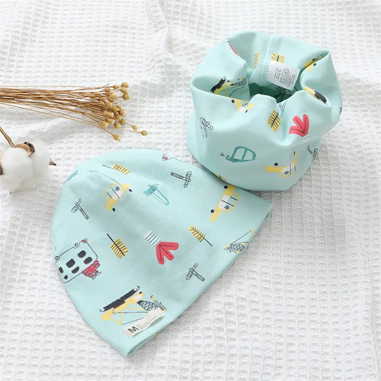 Autumn Winter Cotton Knit Children's Hat Collar 2 Set Boys and Girls Hats Set Baby Solid Color Scarf Cap two-piece