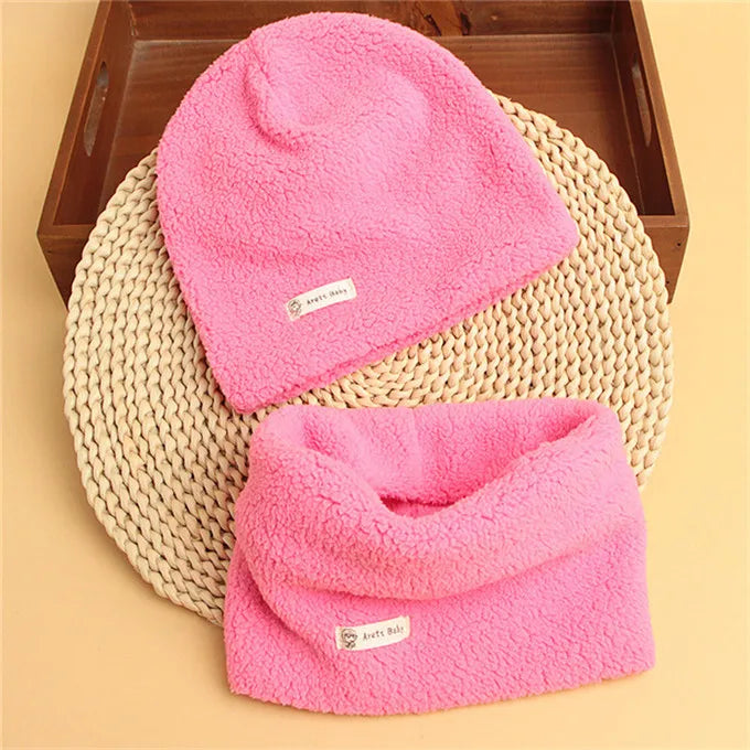 Autumn Winter Cotton Knit Children's Hat Collar 2 Set Boys and Girls Hats Set Baby Solid Color Scarf Cap two-piece