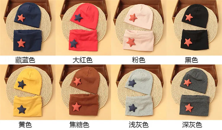 Autumn Winter Cotton Knit Children's Hat Collar 2 Set Boys and Girls Hats Set Baby Solid Color Scarf Cap two-piece