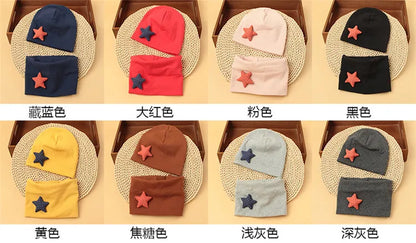 Autumn Winter Cotton Knit Children's Hat Collar 2 Set Boys and Girls Hats Set Baby Solid Color Scarf Cap two-piece