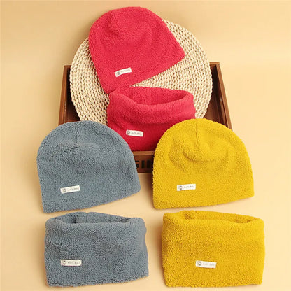 Autumn Winter Cotton Knit Children's Hat Collar 2 Set Boys and Girls Hats Set Baby Solid Color Scarf Cap two-piece