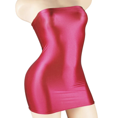 Sexy Oil Satin Glossy Shiny Sheer Micro Mini Dress See Through Bodycon Sexy Tight Pencil Cute Dress Smooth Bandage Dress Club