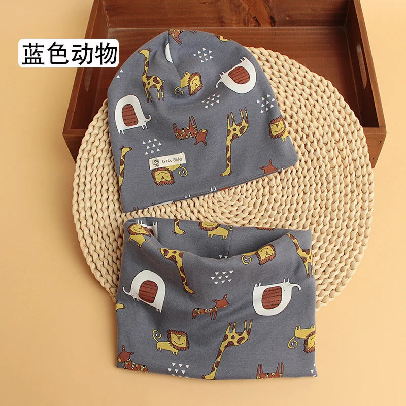 Autumn Winter Cotton Knit Children's Hat Collar 2 Set Boys and Girls Hats Set Baby Solid Color Scarf Cap two-piece