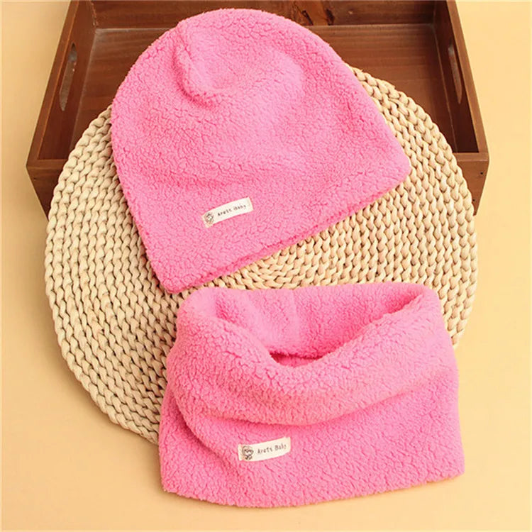 Autumn Winter Cotton Knit Children's Hat Collar 2 Set Boys and Girls Hats Set Baby Solid Color Scarf Cap two-piece