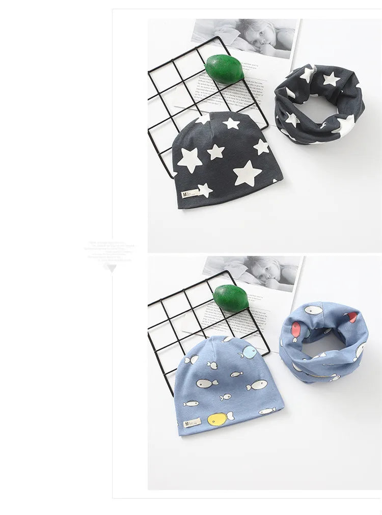 Autumn Winter Cotton Knit Children's Hat Collar 2 Set Boys and Girls Hats Set Baby Solid Color Scarf Cap two-piece