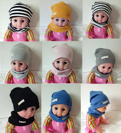 Autumn Winter Cotton Knit Children's Hat Collar 2 Set Boys and Girls Hats Set Baby Solid Color Scarf Cap two-piece