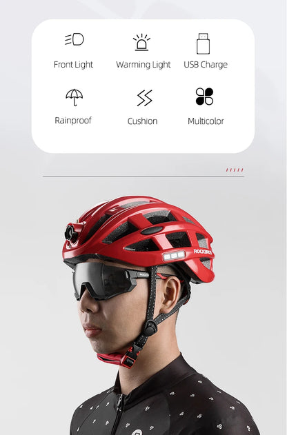 ROCKBROS Bike Headlamp Night Cycling Helmet With Glowing Headlight Warning Light MTB Bicycle Helmet Rechargeable Sport SafetyCap