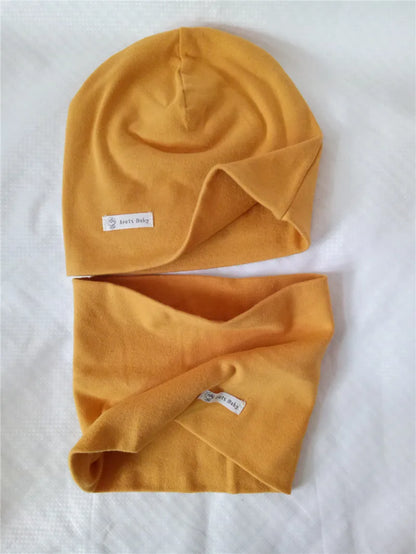 Autumn Winter Cotton Knit Children's Hat Collar 2 Set Boys and Girls Hats Set Baby Solid Color Scarf Cap two-piece