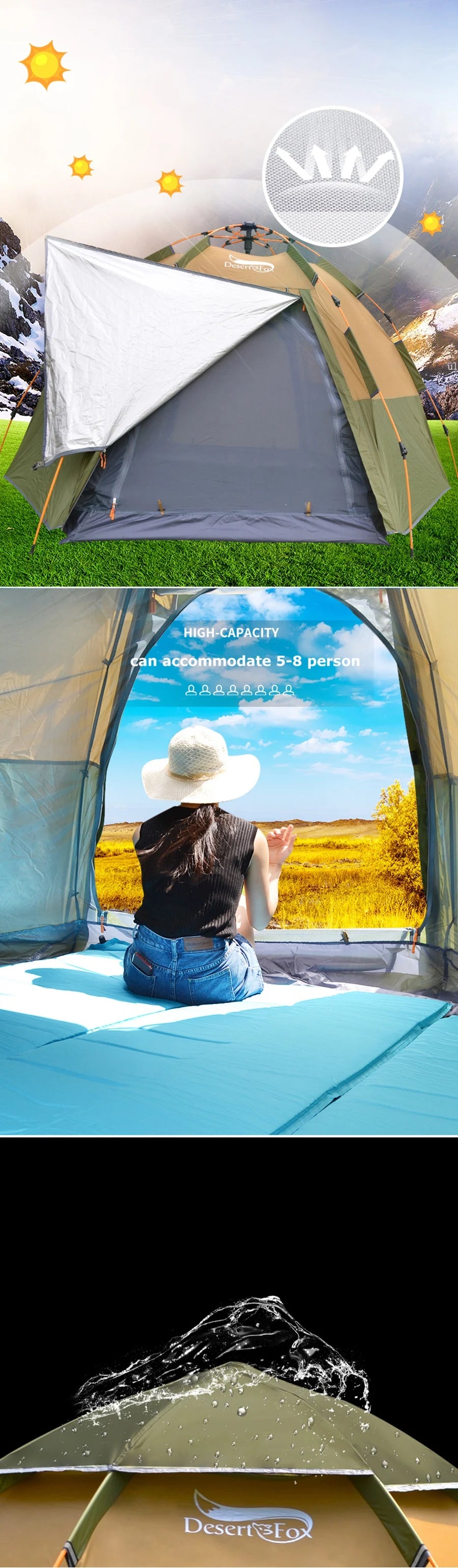 Desert&Fox Pop-up Automatic Tent 3-4 Person Instant Camping Tent Backpacking Family Dome Tents for Camping Hiking Travelling
