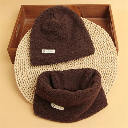 Autumn Winter Cotton Knit Children's Hat Collar 2 Set Boys and Girls Hats Set Baby Solid Color Scarf Cap two-piece
