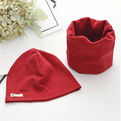 Autumn Winter Cotton Knit Children's Hat Collar 2 Set Boys and Girls Hats Set Baby Solid Color Scarf Cap two-piece