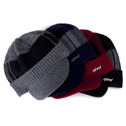 New Unisex Warm Winter Hat With Brim Add Fur Lined Beanie Hat Sports Label Thicken Winter Hats For Men Women Knitted Hat