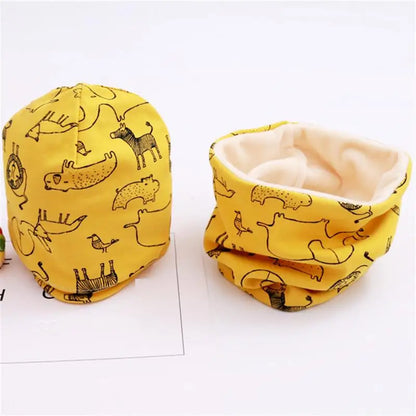Autumn Winter Cotton Knit Children's Hat Collar 2 Set Boys and Girls Hats Set Baby Solid Color Scarf Cap two-piece
