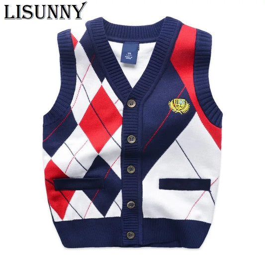 Autumn Spring New Kids Boy Sweater Vest Children Clothing Plaid Stitching Coat Baby Cotton thick top Boys Cardigan Vest