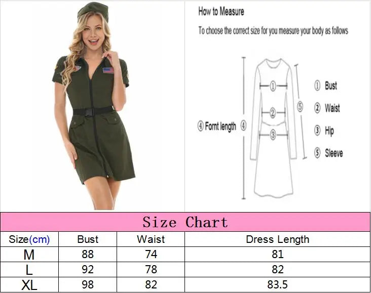 Army Green Female American Military Flight Pilot Costume Zipper Sexy Policewoman Uniform Halloween Cosplay Aviator Mini Dress