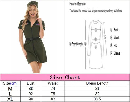 Army Green Female American Military Flight Pilot Costume Zipper Sexy Policewoman Uniform Halloween Cosplay Aviator Mini Dress