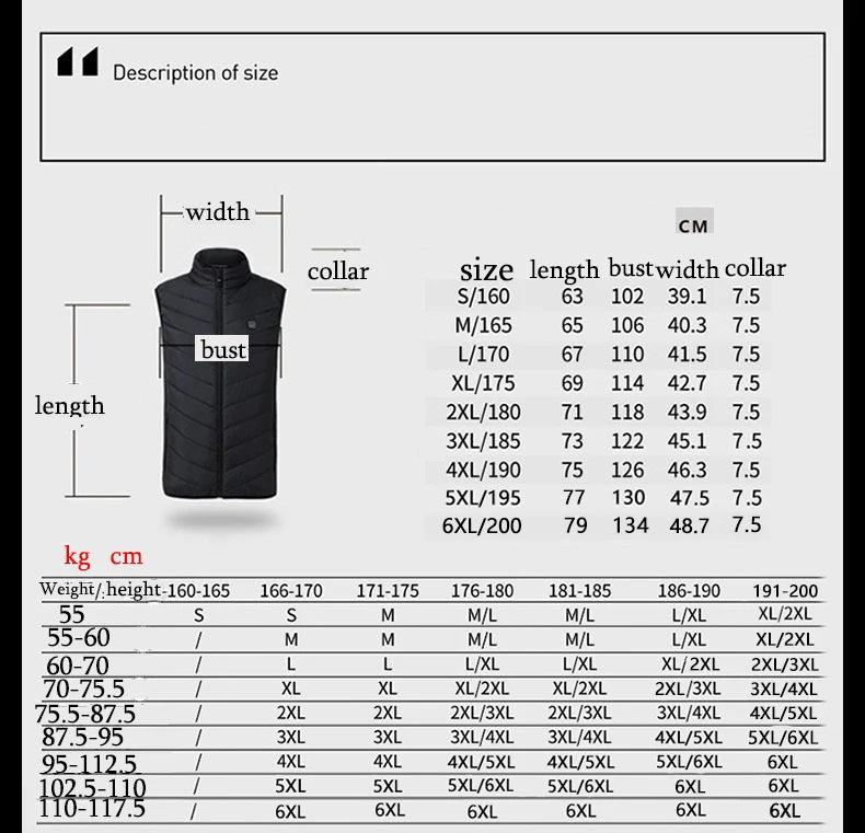 Men USB Infrared 17 Heating Areas Vest Jacket Men Winter Electric Heated Vest Waistcoat For Sports Hiking Oversized 5XL