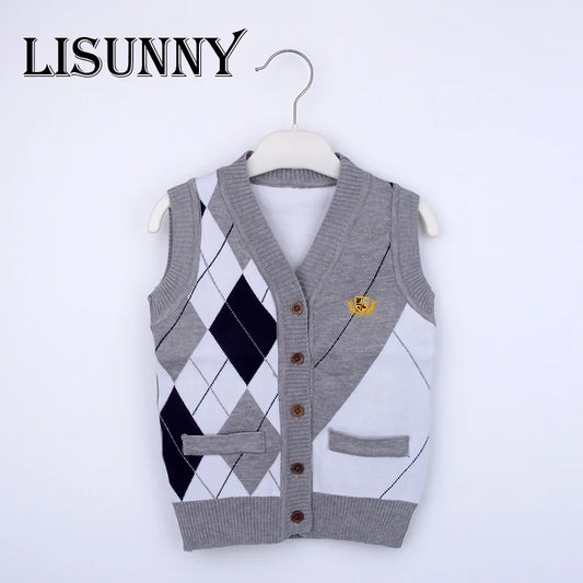 Autumn Spring New Kids Boy Sweater Vest Children Clothing Plaid Stitching Coat Baby Cotton thick top Boys Cardigan Vest