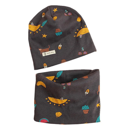 Autumn Winter Cotton Knit Children's Hat Collar 2 Set Boys and Girls Hats Set Baby Solid Color Scarf Cap two-piece
