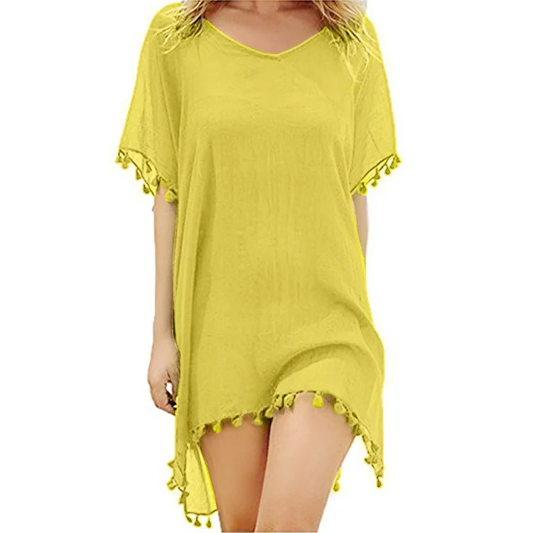 2023 Chiffon Tassels Beach Wear Women Swimsuit Cover Up Swimwear Bathing Suits Summer Mini Dress Loose Solid Pareo Cover Ups