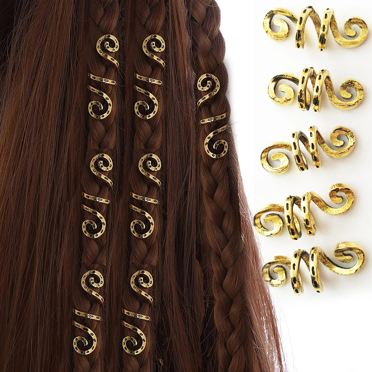 5Pcs Golden Silver Viking Spiral Charms Hair tubes Braid Dread Dreadlock Beads Clips Cuffs Rings Jewelry Hair Accessories woman