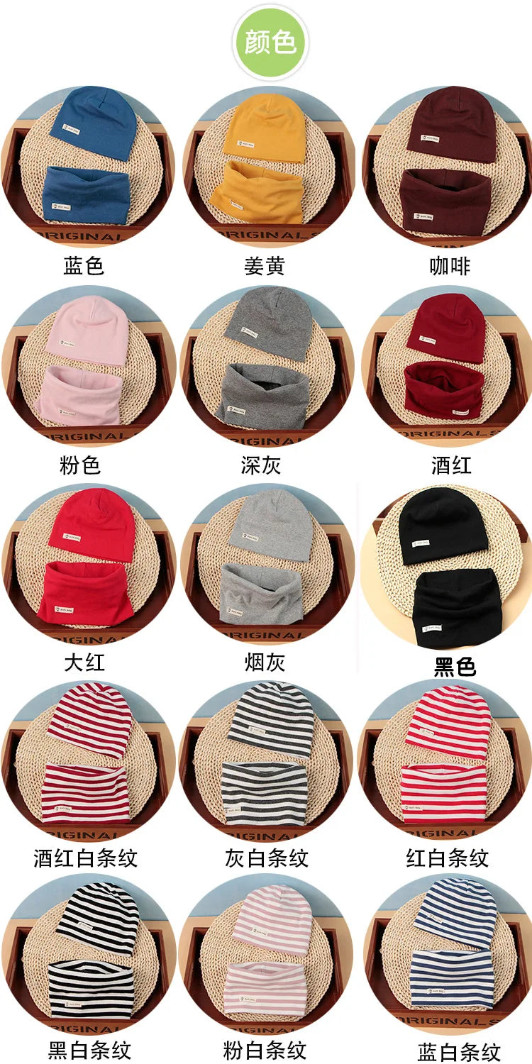 Autumn Winter Cotton Knit Children's Hat Collar 2 Set Boys and Girls Hats Set Baby Solid Color Scarf Cap two-piece