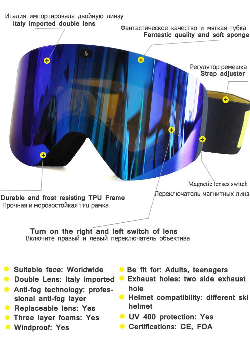Ski Goggles with Magnetic Double Layer Yellow Lens Skiing Anti-fog UV400 Snowboard Goggles Men Women Ski Glasses Eyewear Set