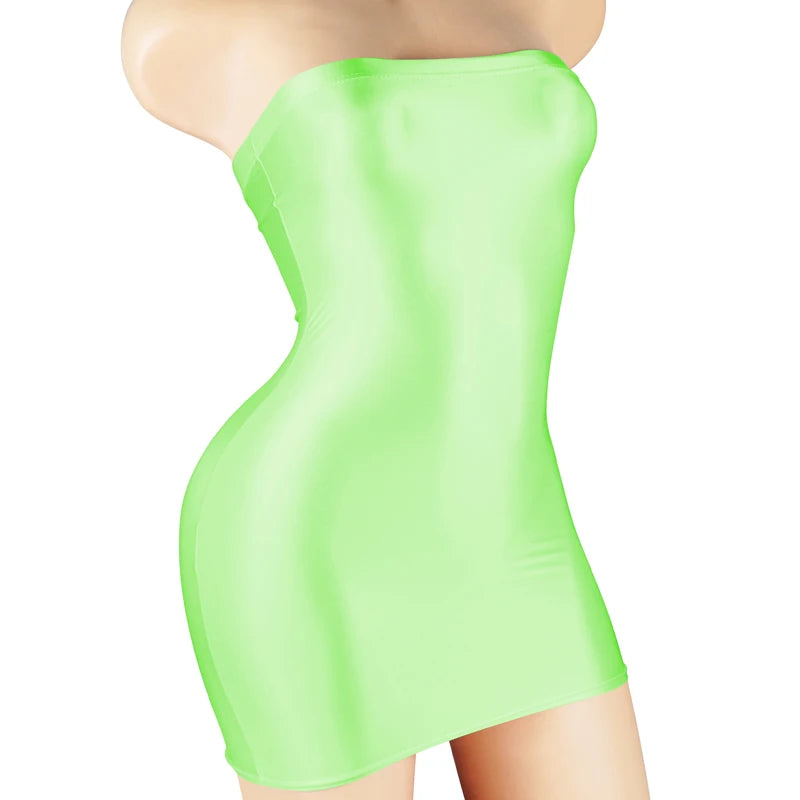 Sexy Oil Satin Glossy Shiny Sheer Micro Mini Dress See Through Bodycon Sexy Tight Pencil Cute Dress Smooth Bandage Dress Club