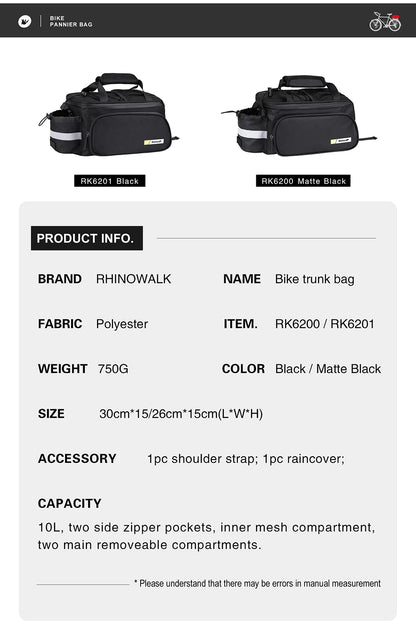 Rhinowalk Bicycle Pannier Bag Multifunctional Bike Rack Bag Trunk Saddle Cycling Large Capacity Travel Bag MTB With Rain Cover
