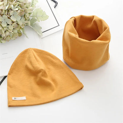 Autumn Winter Cotton Knit Children's Hat Collar 2 Set Boys and Girls Hats Set Baby Solid Color Scarf Cap two-piece