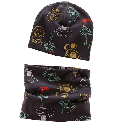 Autumn Winter Cotton Knit Children's Hat Collar 2 Set Boys and Girls Hats Set Baby Solid Color Scarf Cap two-piece