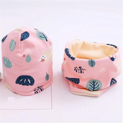 Autumn Winter Cotton Knit Children's Hat Collar 2 Set Boys and Girls Hats Set Baby Solid Color Scarf Cap two-piece