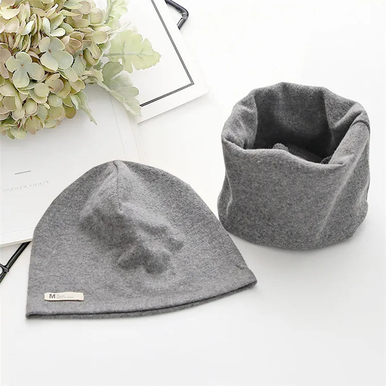 Autumn Winter Cotton Knit Children's Hat Collar 2 Set Boys and Girls Hats Set Baby Solid Color Scarf Cap two-piece