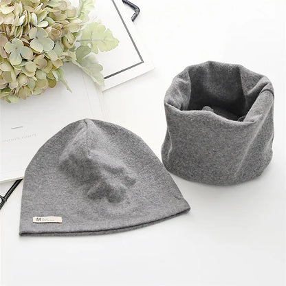 Autumn Winter Cotton Knit Children's Hat Collar 2 Set Boys and Girls Hats Set Baby Solid Color Scarf Cap two-piece