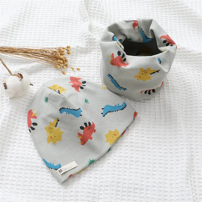 Autumn Winter Cotton Knit Children's Hat Collar 2 Set Boys and Girls Hats Set Baby Solid Color Scarf Cap two-piece