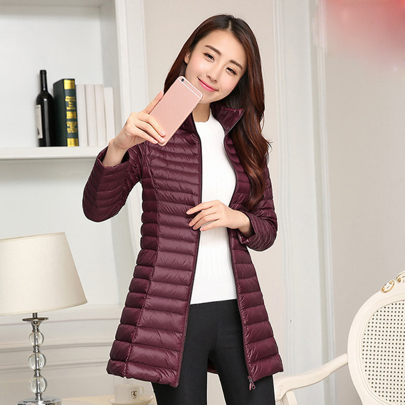 Autumn Winter Women White Duck Down Jacket Female ultra Light Slim Thin Zipper Warm Feather Long Down Coat Good Quality Parkas