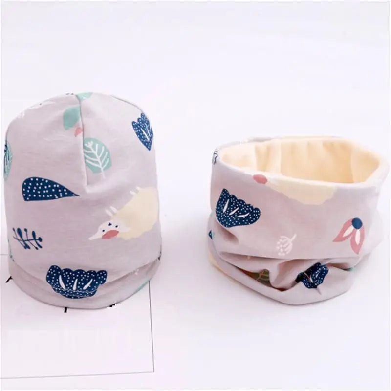 Autumn Winter Cotton Knit Children's Hat Collar 2 Set Boys and Girls Hats Set Baby Solid Color Scarf Cap two-piece