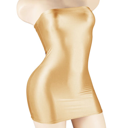 Sexy Oil Satin Glossy Shiny Sheer Micro Mini Dress See Through Bodycon Sexy Tight Pencil Cute Dress Smooth Bandage Dress Club