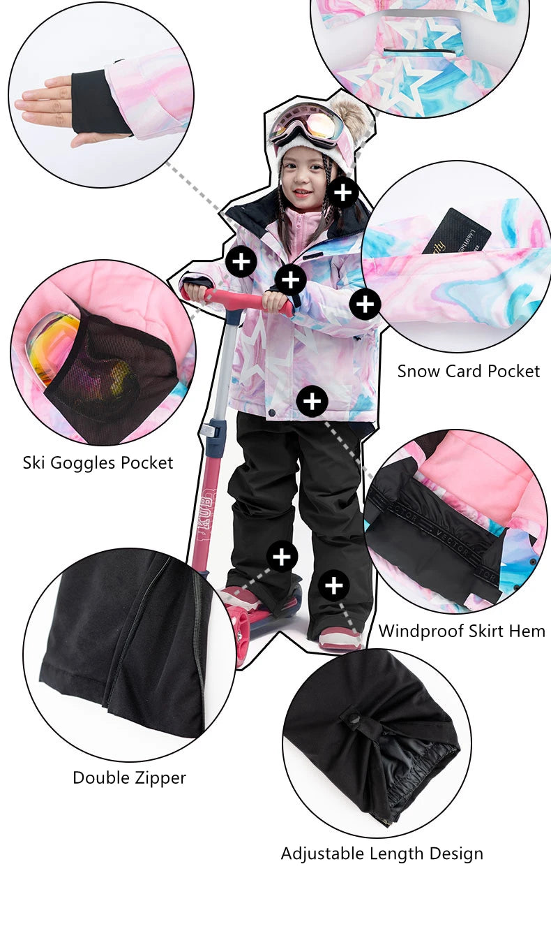 Waterproof Ski Jackets for Children Skiing Snowboarding Jacket Ski Pants Boys Winter Outdoor Ski Jacket Snow Pants -20-30 deg