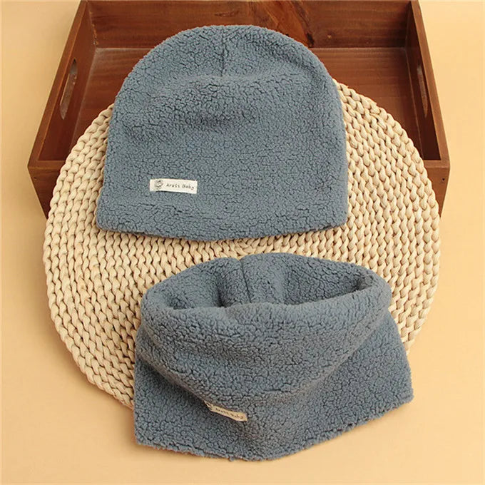 Autumn Winter Cotton Knit Children's Hat Collar 2 Set Boys and Girls Hats Set Baby Solid Color Scarf Cap two-piece