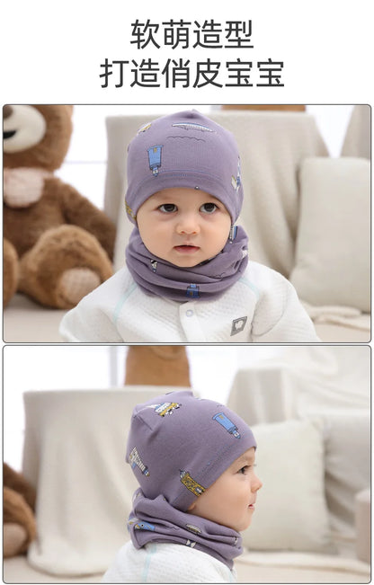 Autumn Winter Cotton Knit Children's Hat Collar 2 Set Boys and Girls Hats Set Baby Solid Color Scarf Cap two-piece
