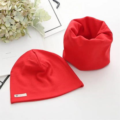 Autumn Winter Cotton Knit Children's Hat Collar 2 Set Boys and Girls Hats Set Baby Solid Color Scarf Cap two-piece