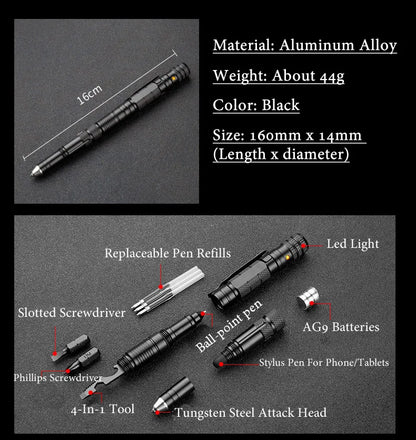 10-In-1 Multi Function Tactical Pen Emergency Flashlight Screwdriver Bottle Opener Outdoor Survival Self Defense Rescue EDC Tool