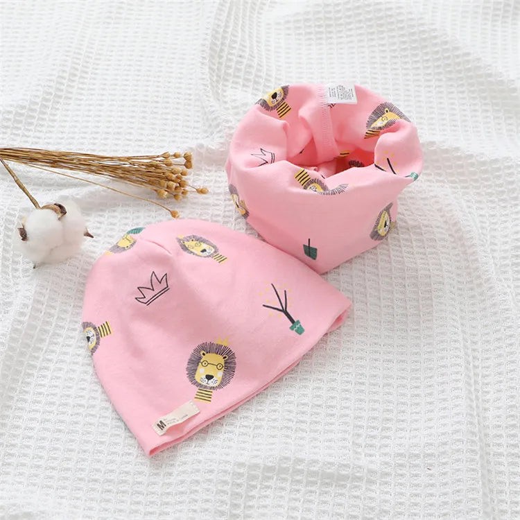 Autumn Winter Cotton Knit Children's Hat Collar 2 Set Boys and Girls Hats Set Baby Solid Color Scarf Cap two-piece